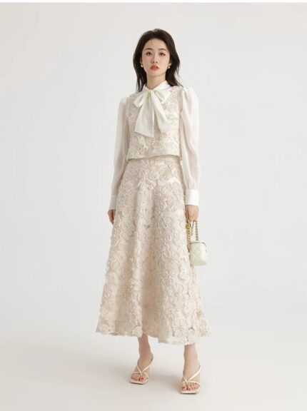 Heavy industry embroidery layered high waisted A-line skirt long skirt two-piece set
