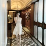 White lace hollow out design sleeveless dress short skirt