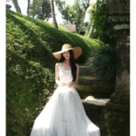 Hollow lace patchwork white waist cinched vest suspender dress