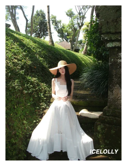 Hollow lace patchwork white waist cinched vest suspender dress