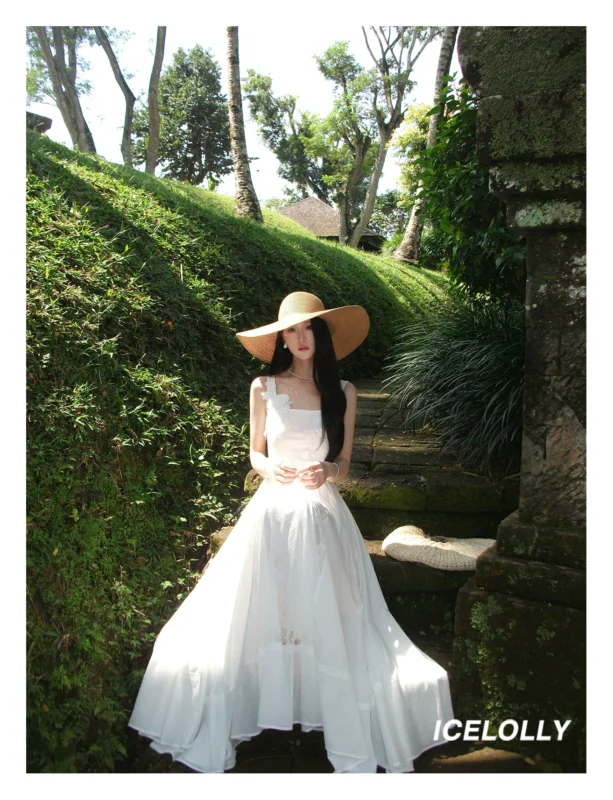 Hollow lace patchwork white waist cinched vest suspender dress