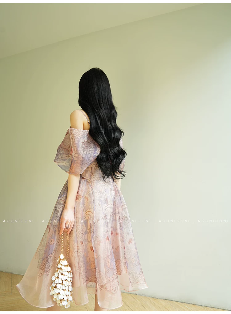 French Romantic Printed One Shoulder Dress with Strap Top French Romantic Printed One Shoulder Dress with Strap Top