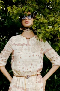 French style holiday dress with silk and linen print