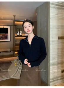 Temperament wool lapel Fried Dough Twists sweater women's loose half zip knitting top