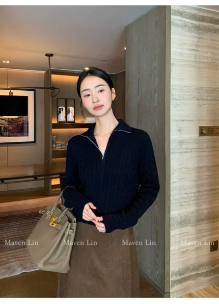 Temperament wool lapel Fried Dough Twists sweater women's loose half zip knitting top