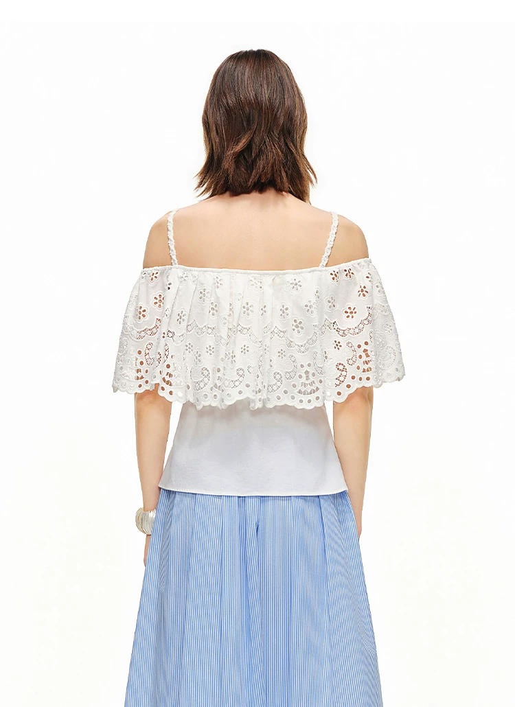French hollowed out embroidered off shoulder shirt, fashionable T-shirt French hollowed out embroidered off shoulder shirt, fashionable T-shirt