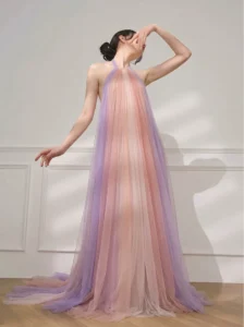 French fairy style sleeveless neck hanging mesh long dress