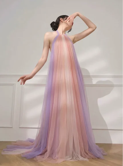 French fairy style sleeveless neck hanging mesh long dress