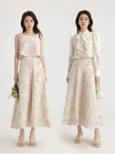 Heavy industry embroidery layered high waisted A-line skirt long skirt two-piece set