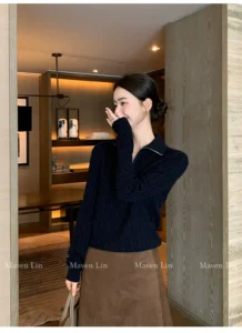 Temperament wool lapel Fried Dough Twists sweater women's loose half zip knitting top