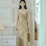Slant cut heavy industry lace long printed suspender dress
