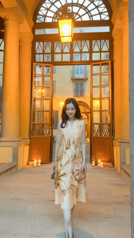 Elegant blooming silk jacquard positioning printed waist cinching dress