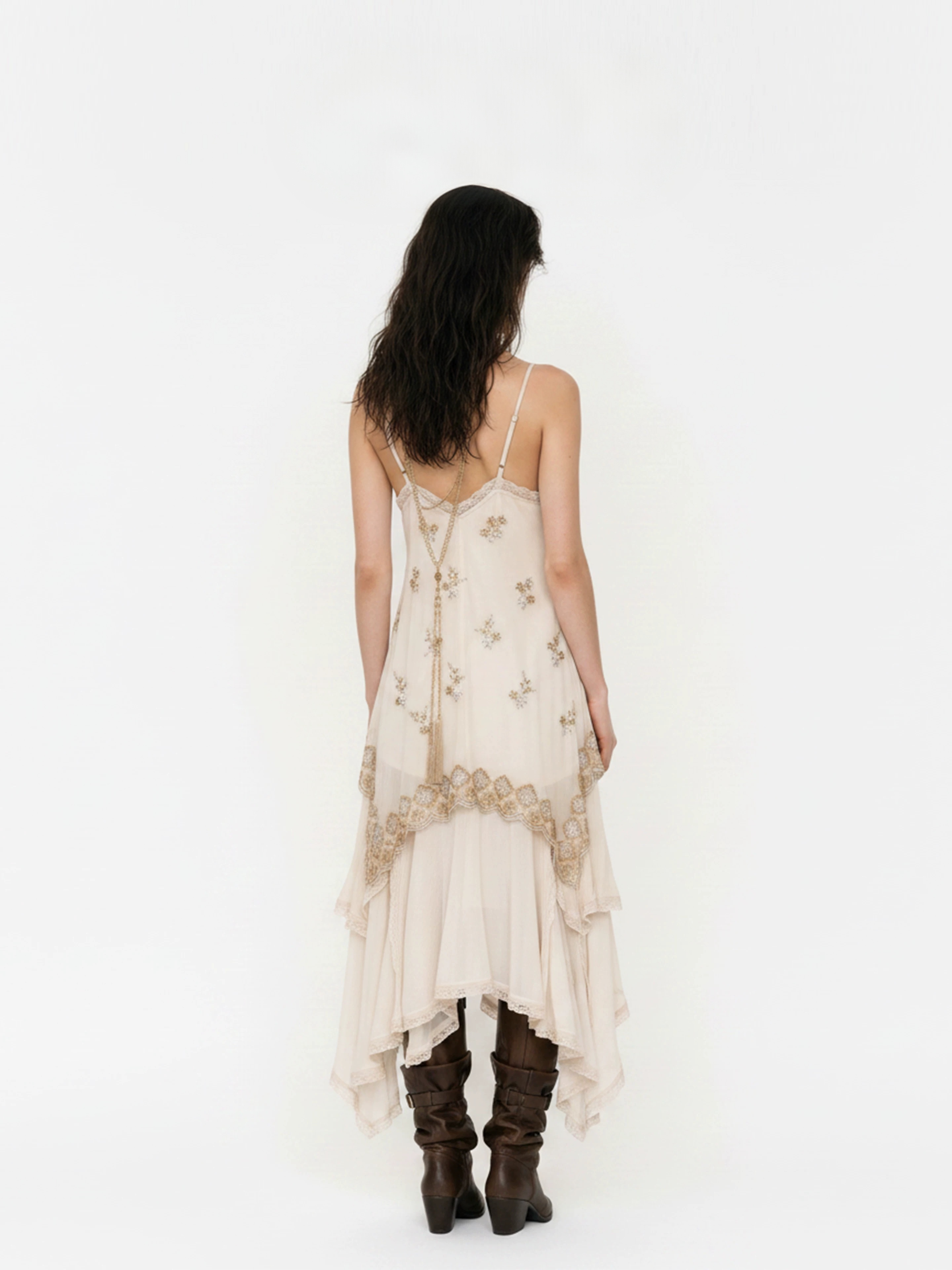 V-neck lace camisole dress with irregular hem for women, mid length skirt V-neck lace camisole dress with irregular hem for women, mid length skirt