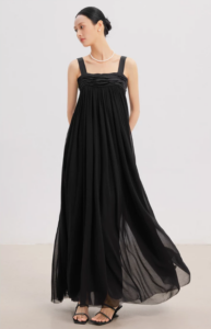 Black extra long dress with mulberry silk suspender skirt