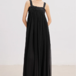 Black extra long dress with mulberry silk suspender skirt