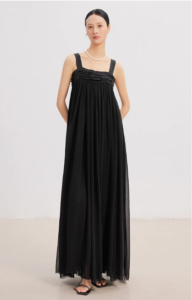 Black extra long dress with mulberry silk suspender skirt
