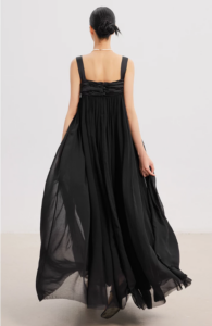 Black extra long dress with mulberry silk suspender skirt