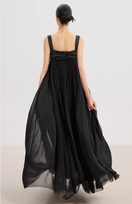 Black extra long dress with mulberry silk suspender skirt