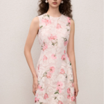 Lace waist cinched printed sleeveless dress