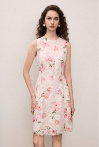 Lace waist cinched printed sleeveless dress