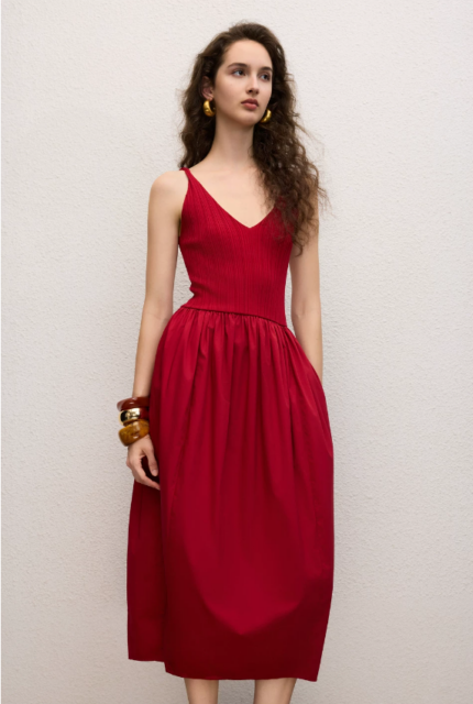V-neck cinched waist simple knit patchwork dress elegant and fashionable dress
