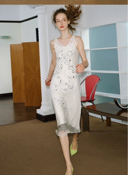 Chiffon rhinestone camisole dress, women's French niche dress