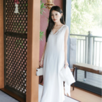100% pure linen lotus hollow embroidery sleeveless straight tube dress