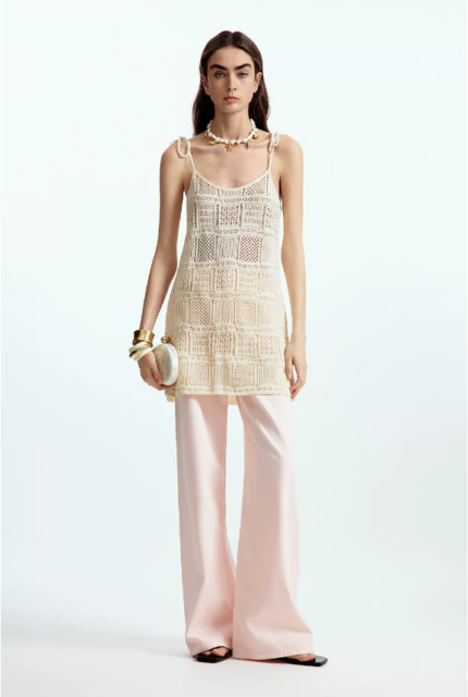 Vacation style hollow knitted camisole white sleeveless vest skirt