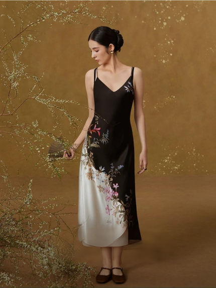 Blue mulberry silk 100% sexy back printed suspender nightgown