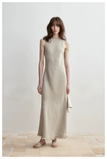 Handmade tassel edge skirt+deep back U-neck long skirt for women's summer sleeveless vacation dress