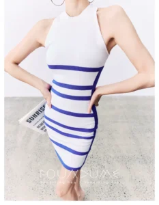 Navy blue contrasting striped slim fit knit dress