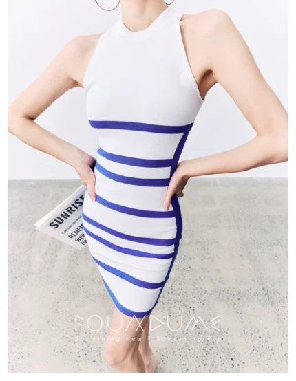 Navy blue contrasting striped slim fit knit dress