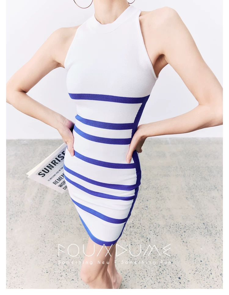 Navy blue contrasting striped slim fit knit dress Navy blue contrasting striped slim fit knit dress