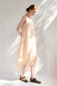 100% mulberry silk plant dyed dress with patchwork texture vest and flower bud skirt