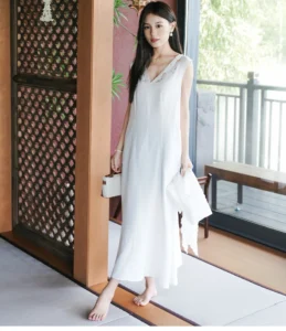 Pure linen lotus hollow embroidery sleeveless straight tube new Chinese style dress