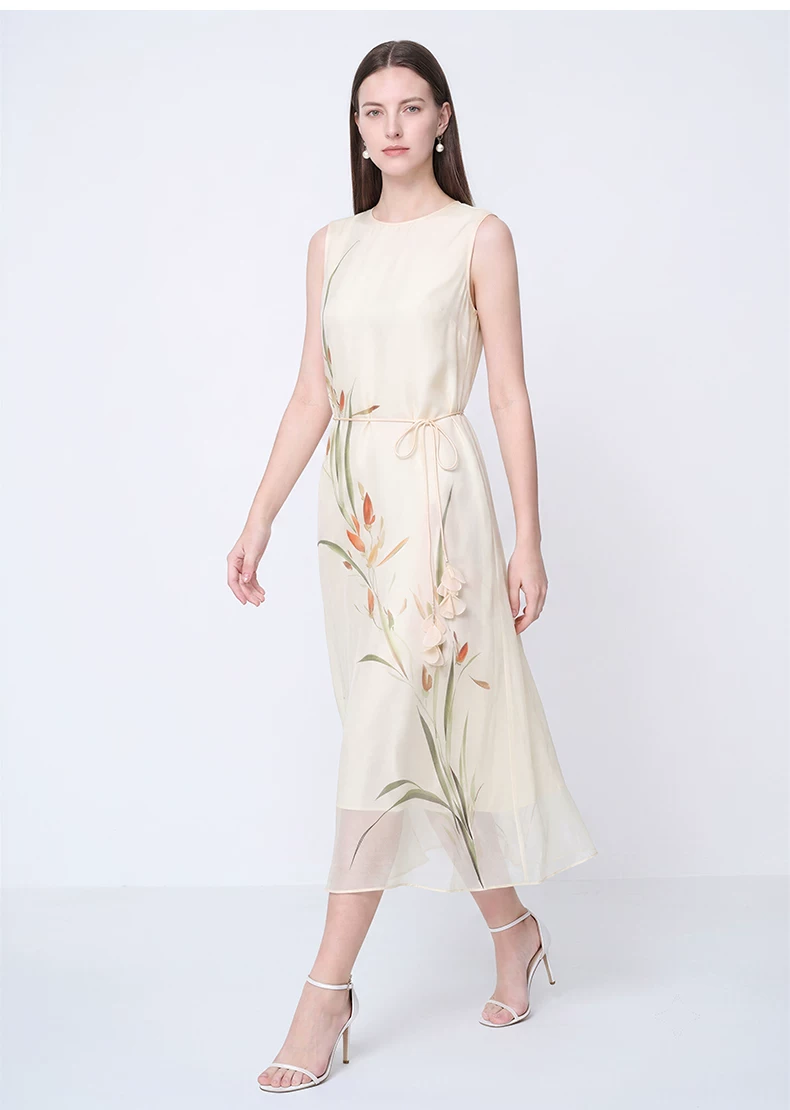 2026 sleeveless printed silk dress for women with a cinched waist and slimming temperament 2026 sleeveless printed silk dress for women with a cinched waist and slimming temperament