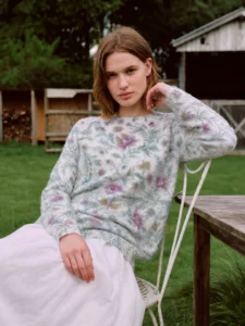 Heavy duty brushed wool, real silk cashmere, artistic printed round neck loose knit sweater