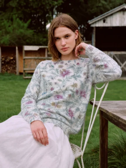 Heavy duty brushed wool, real silk cashmere, artistic printed round neck loose knit sweater