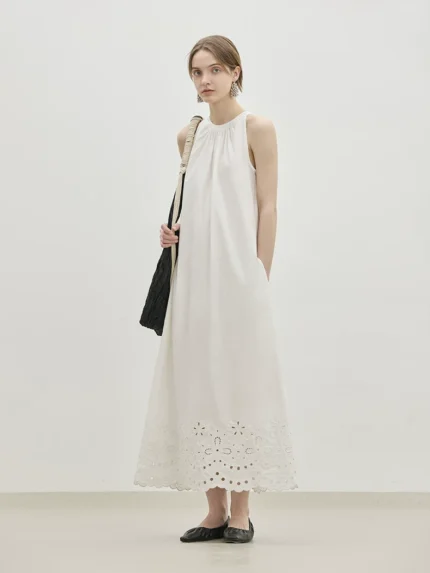 Vacation style hanging neck pure cotton A-line skirt