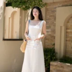 French embroidered vest, white skirt, vacation style temperament, waist cinched sleeveless dress