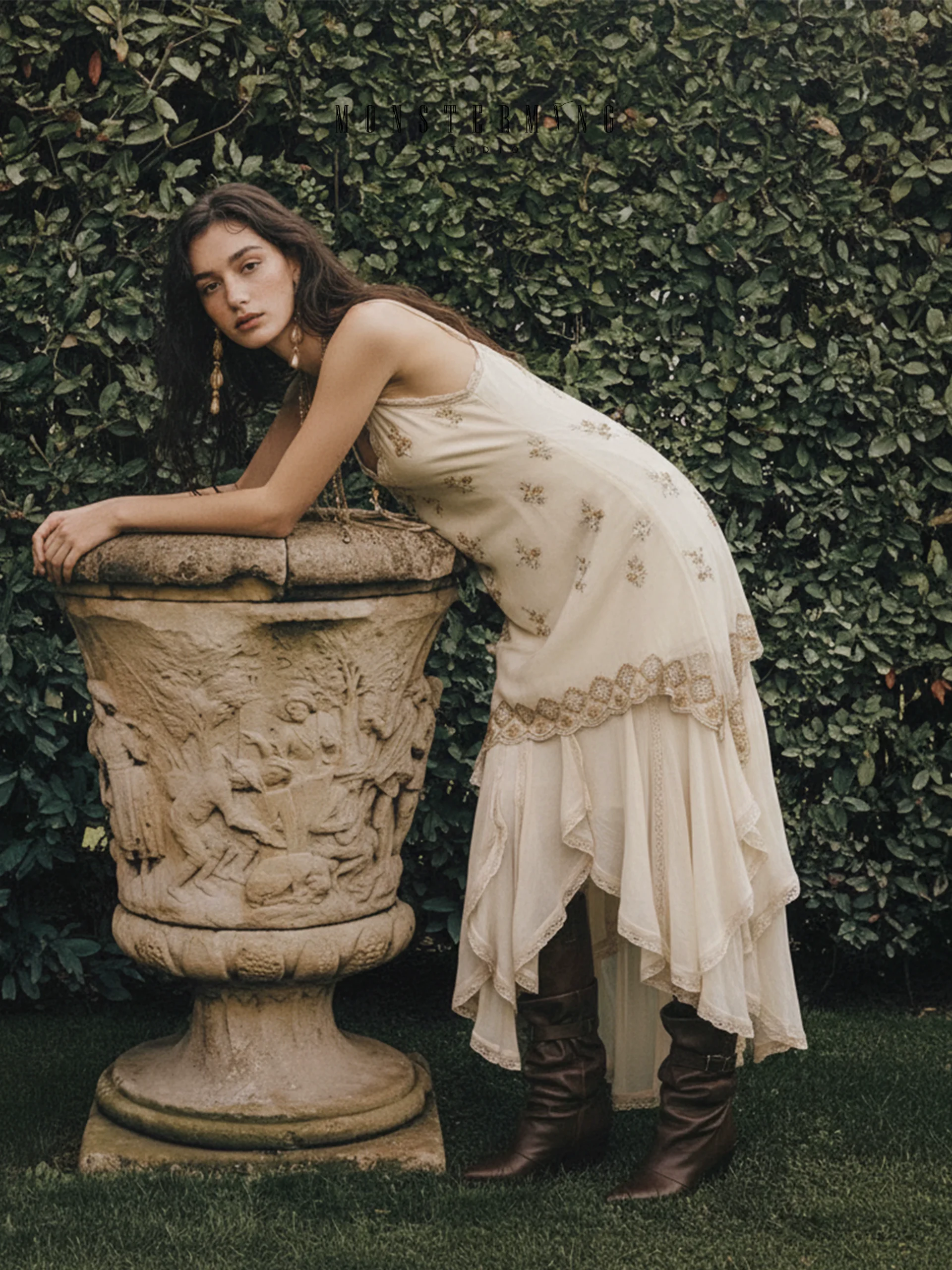V-neck lace camisole dress with irregular hem for women, mid length skirt!!2222087108491 V-neck lace camisole dress with irregular hem for women, mid length skirt