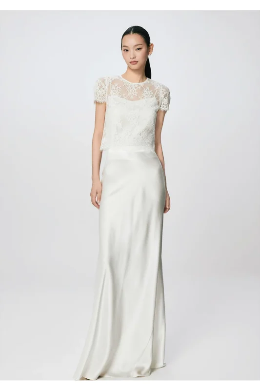 High waisted satin hanging half skirt made of silk A-line fish tail long skirt