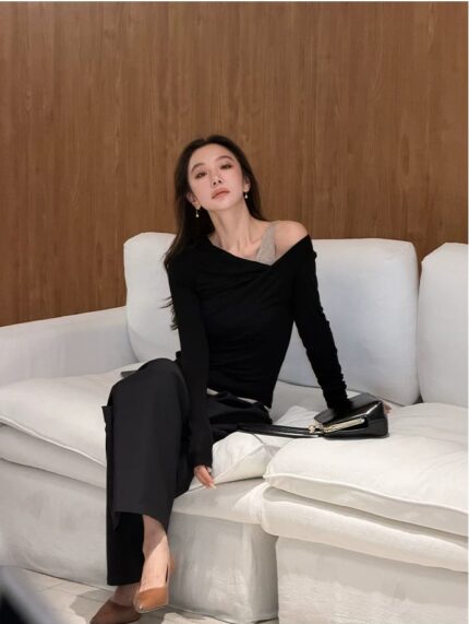 Tencel wool fake two off shoulder long sleeved knitted sweater for women