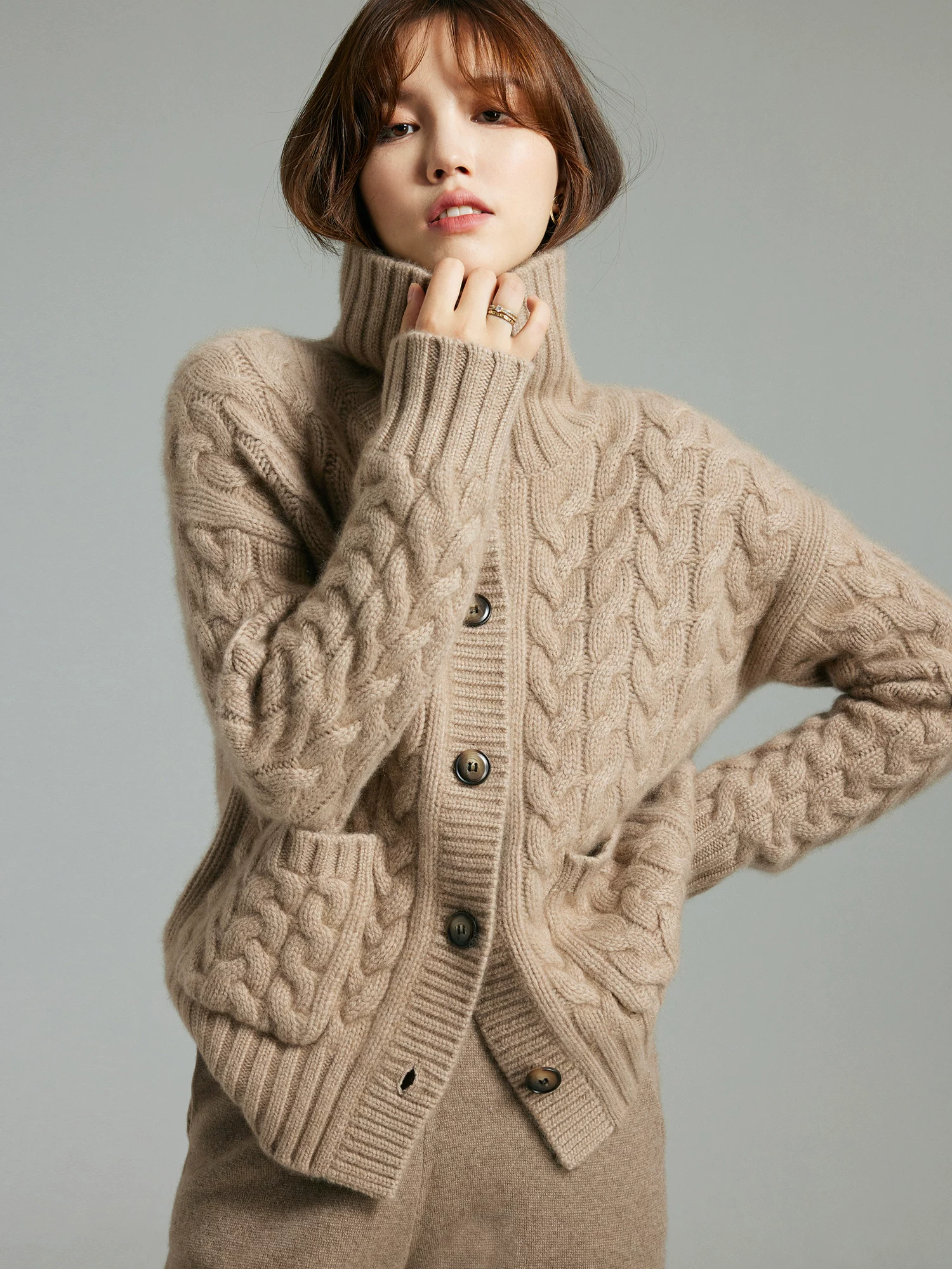 Twisted flower stand up collar cardigan sweater jacket Twisted flower stand up collar cardigan sweater jacket
