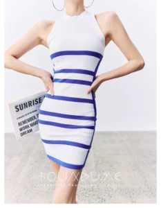 Navy blue contrasting striped slim fit knit dress