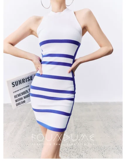 Navy blue contrasting striped slim fit knit dress
