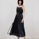 100% mulberry silk floral black A-line length fake style suspender dress