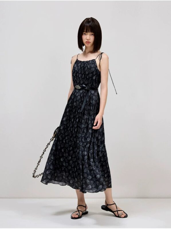 100% mulberry silk floral black A-line length fake style suspender dress