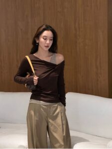 Tencel wool fake two off shoulder long sleeved knitted sweater for women