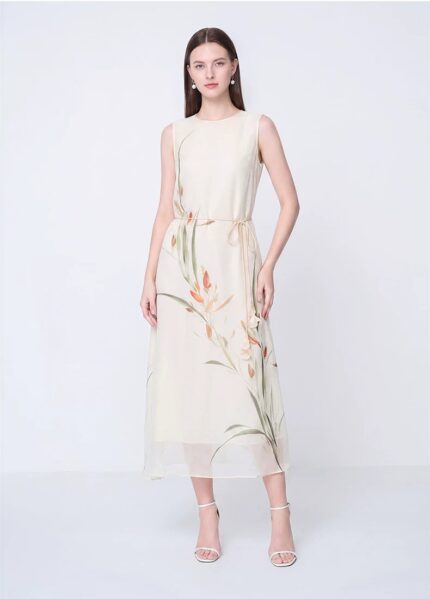 2026 sleeveless printed silk dress for women with a cinched waist and slimming temperament